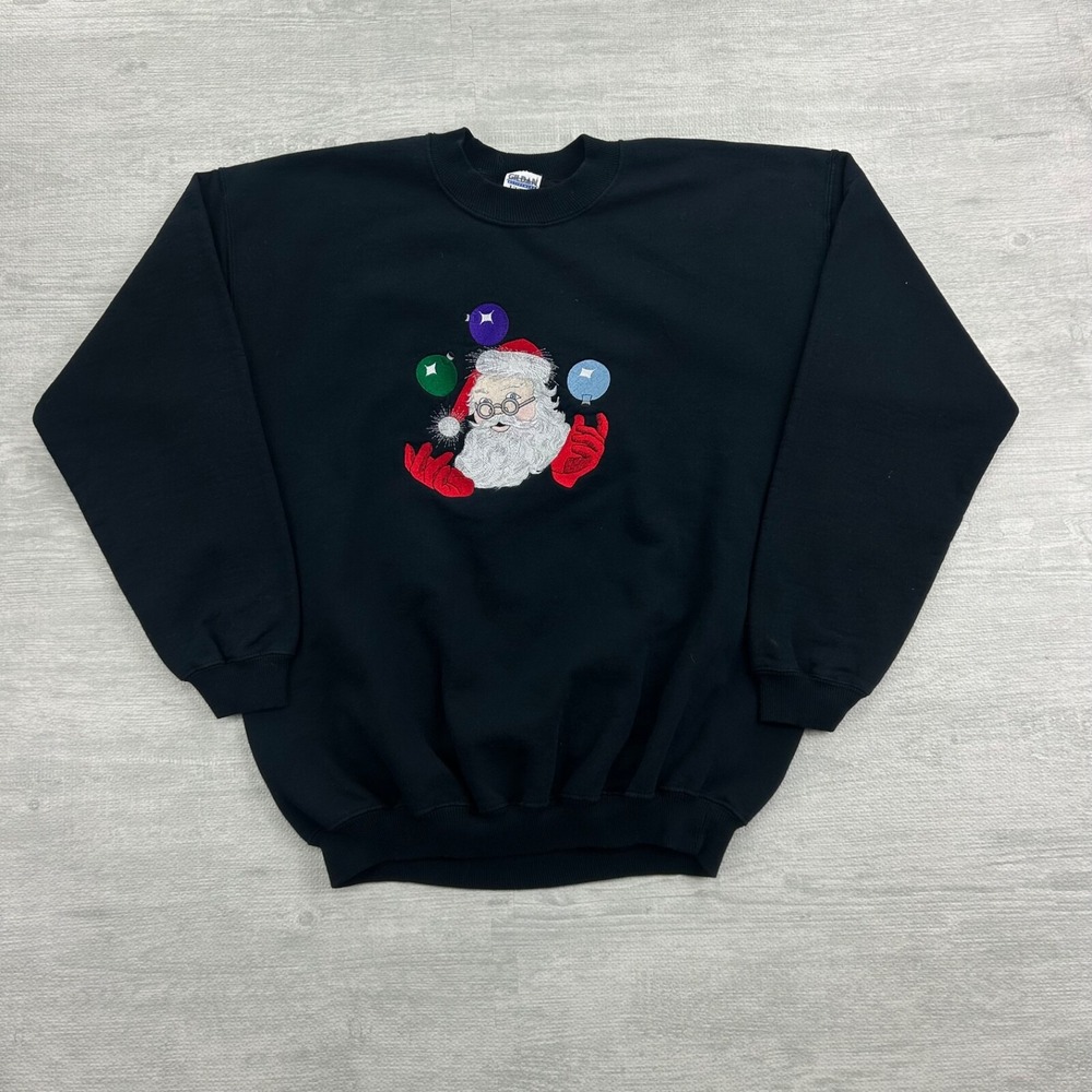 Vintage 90s Santa Claus Sweatshirt Size Large Black Embroidered Crewneck Holiday